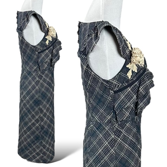Anthropologie Floreat Tartan Plaid Wool Retro 50s Ruffle Floral Dress 2 Punk - Picture 5 of 15